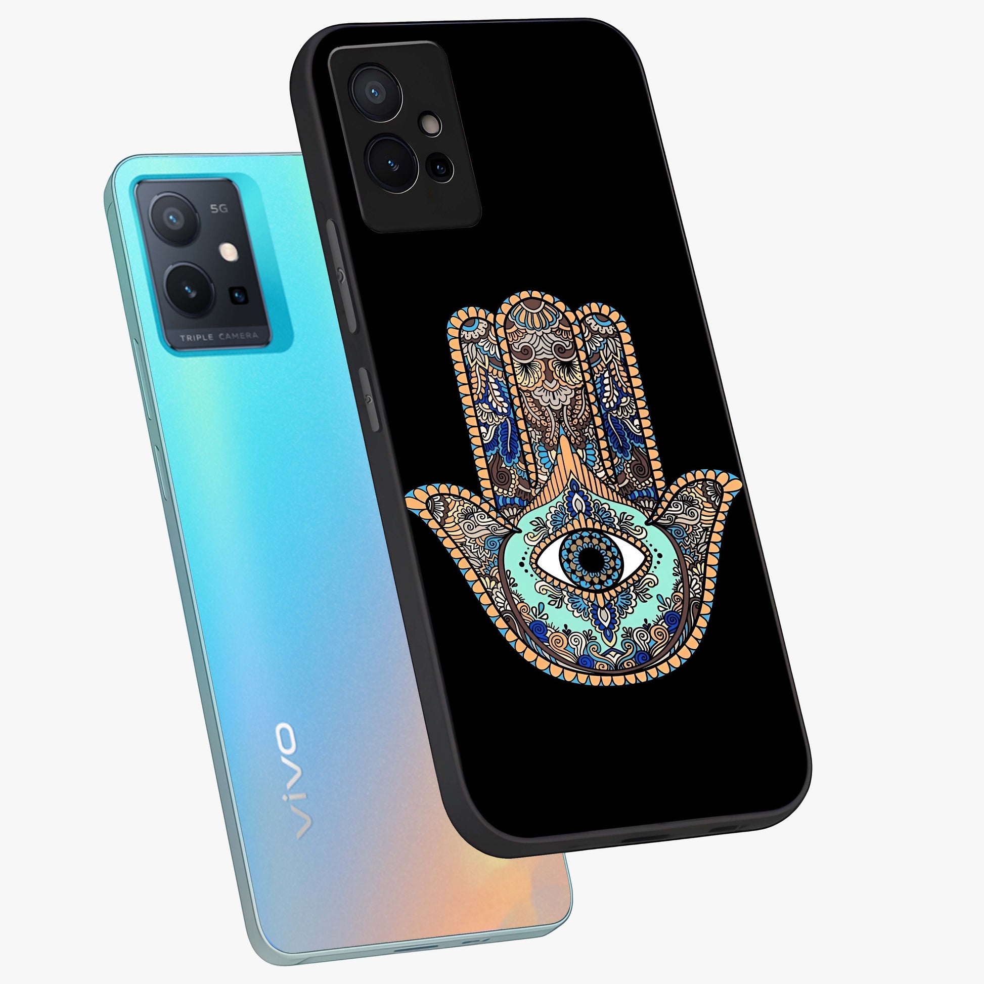 Mystic Hamsa Eye Glass Case displayed in angled mockup highlighting spiritual hamsa symbol with mystical aesthetic style.