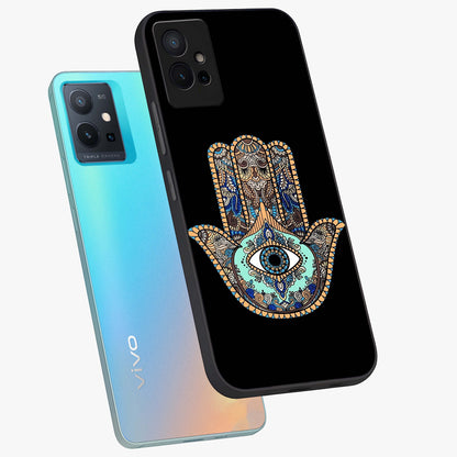 Mystic Hamsa Eye Glass Case displayed in angled mockup highlighting spiritual hamsa symbol with mystical aesthetic style.