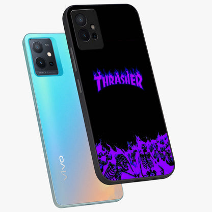 Neon Flame Riot Glass Case displayed in angled mockup highlighting glowing flame design with vibrant neon aesthetic.