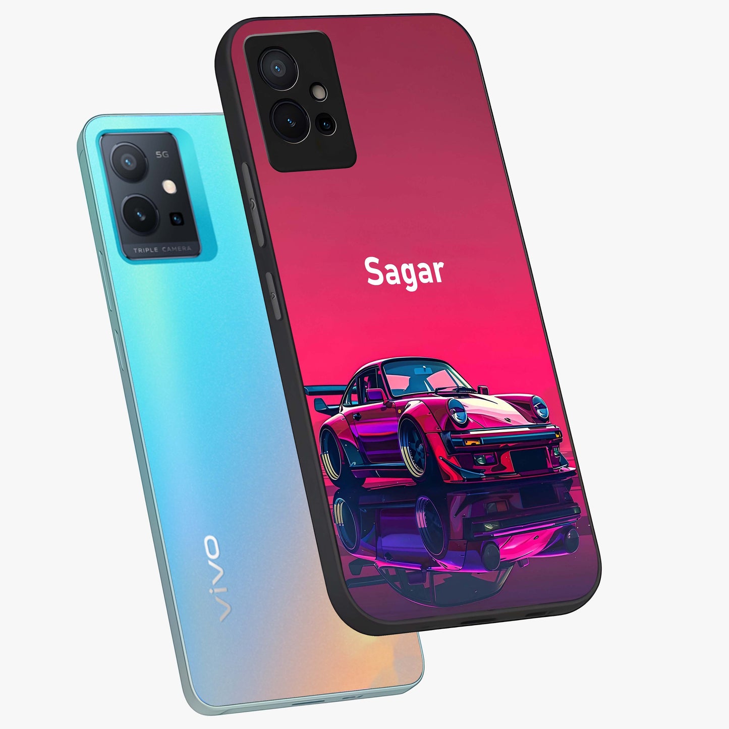 Neon Pink Porsche Glass Case displayed in angled mockup highlighting sleek neon pink car design with racing aesthetic.