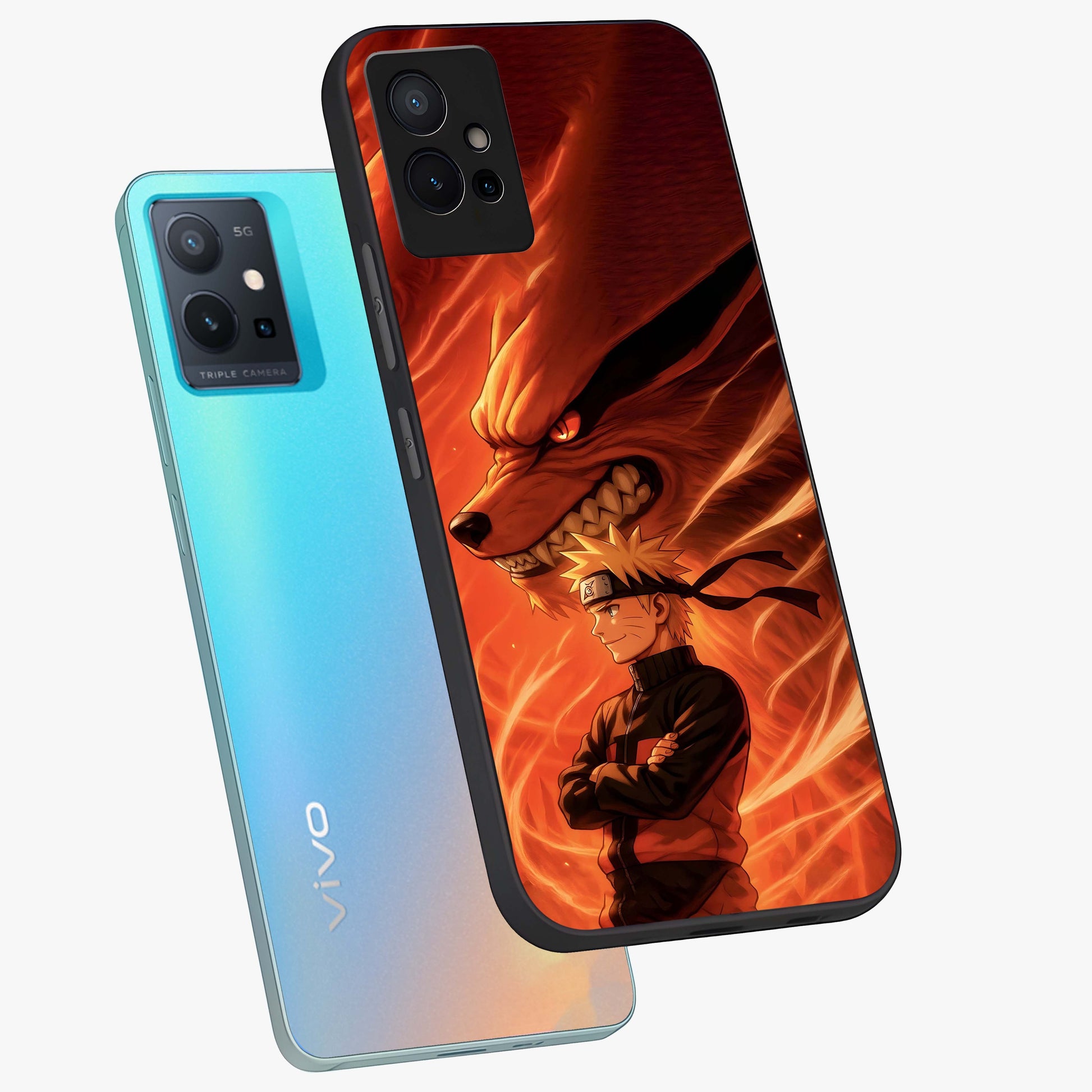 Nine Tails Legacy Glass Case displayed in angled mockup highlighting dynamic anime beast illustration with bold mystical aesthetic.