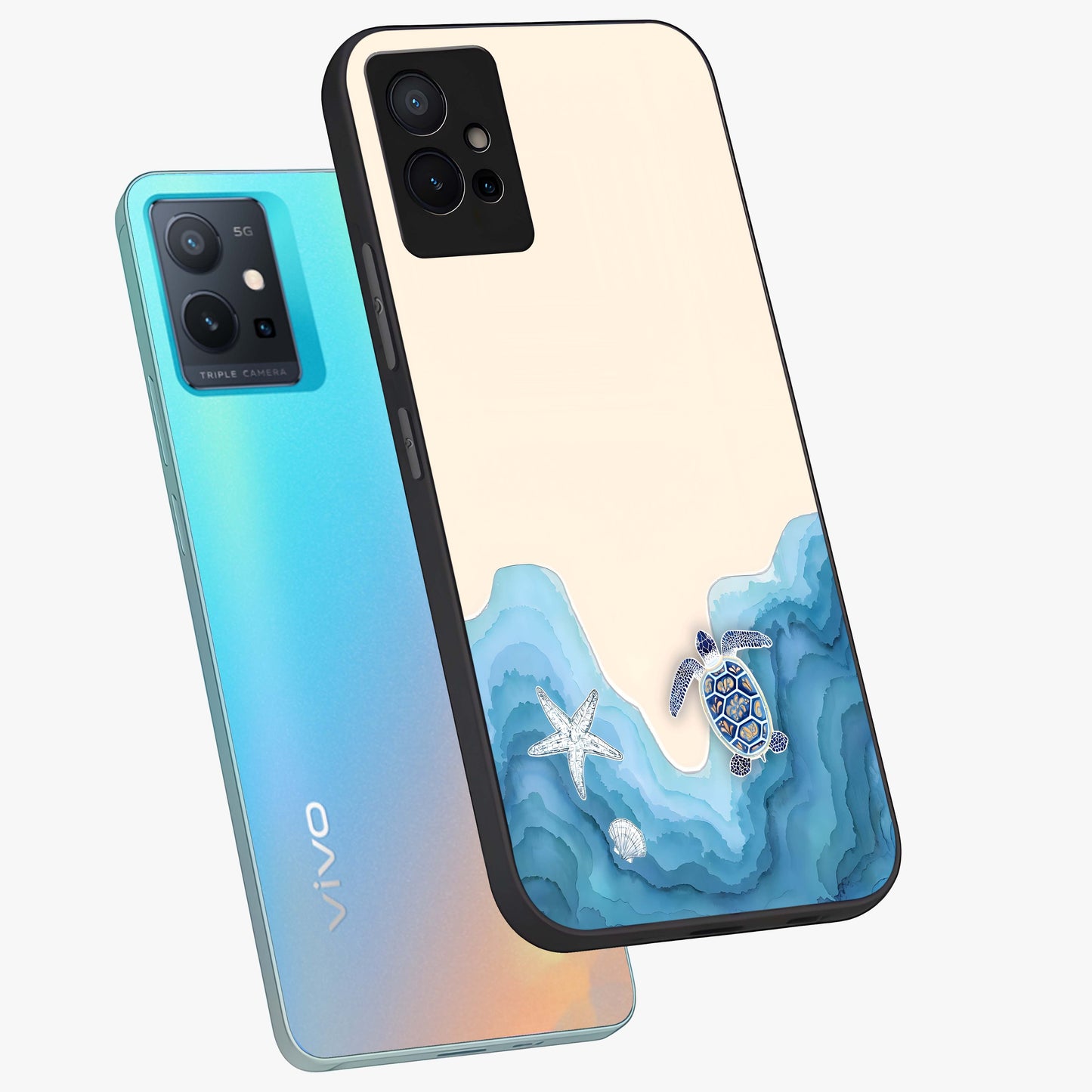 Ocean Drift Turtle Glass Case displayed in angled mockup highlighting peaceful ocean turtle illustration with marine aesthetic.
