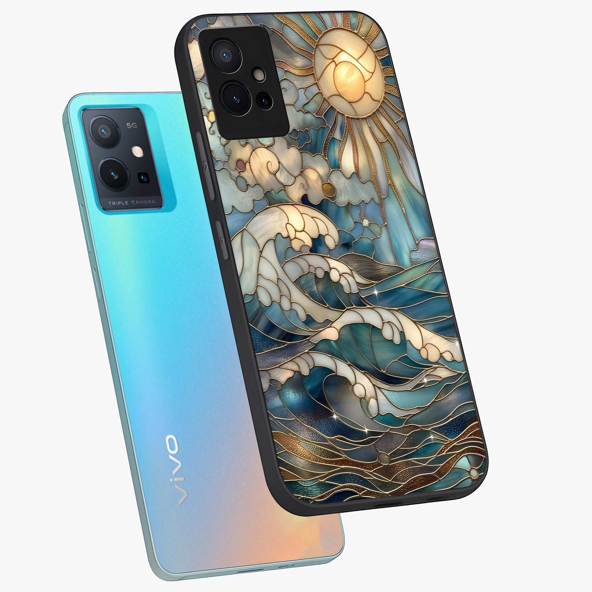 Oceanic Stained Printed Glass Case displayed in angled mockup highlighting colorful aquatic design with artistic aesthetic style.