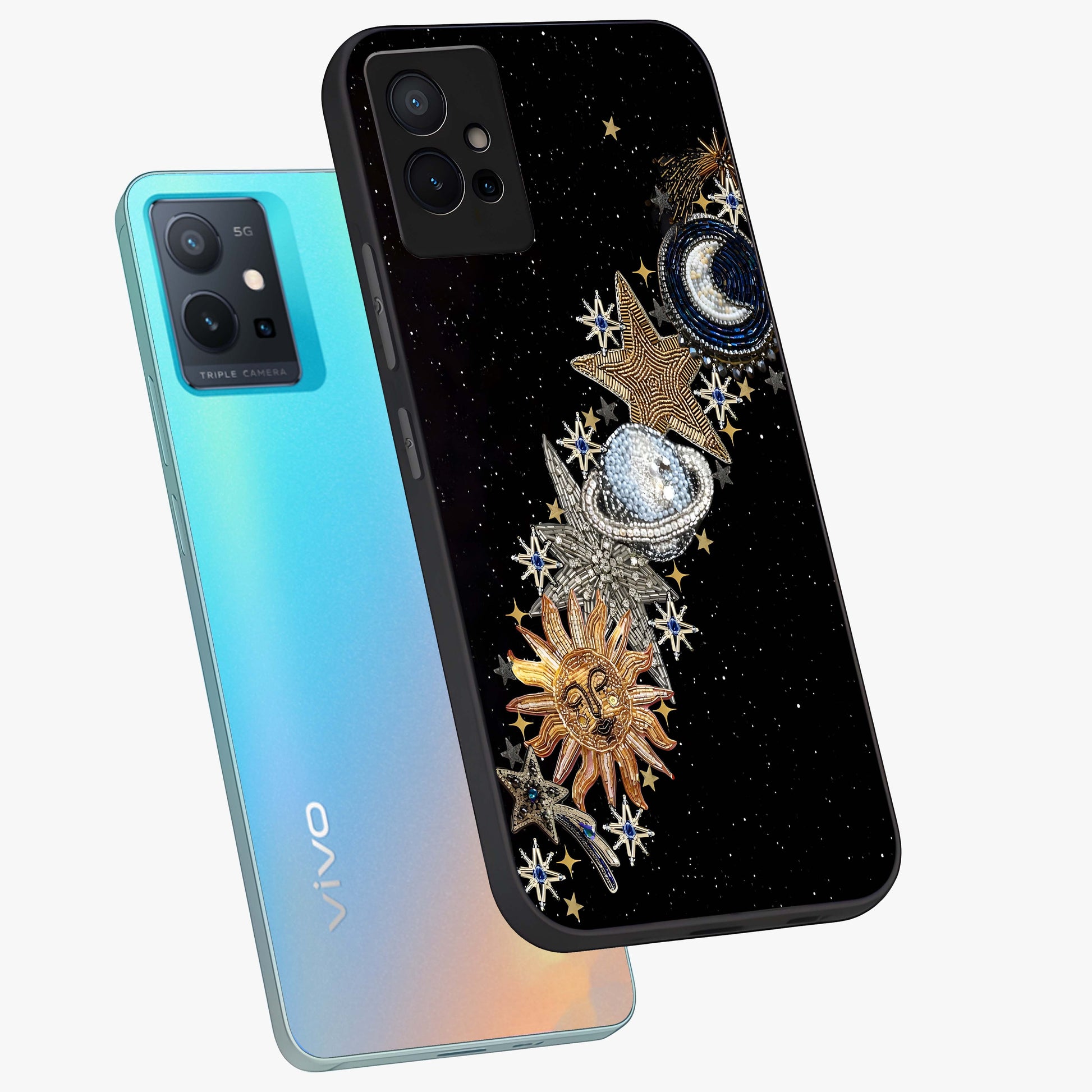 Pearls Universe Object Glass Case displayed in angled mockup highlighting celestial pearl design with dreamy aesthetic.