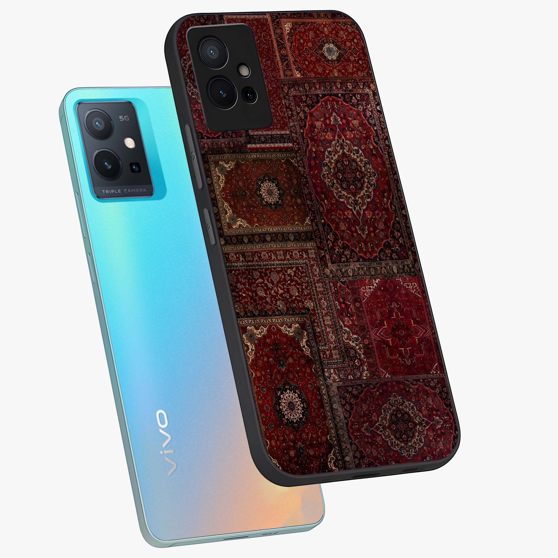 Persian Velvet Tale Glass Case displayed in angled mockup highlighting ornate textile inspired design with royal aesthetic.