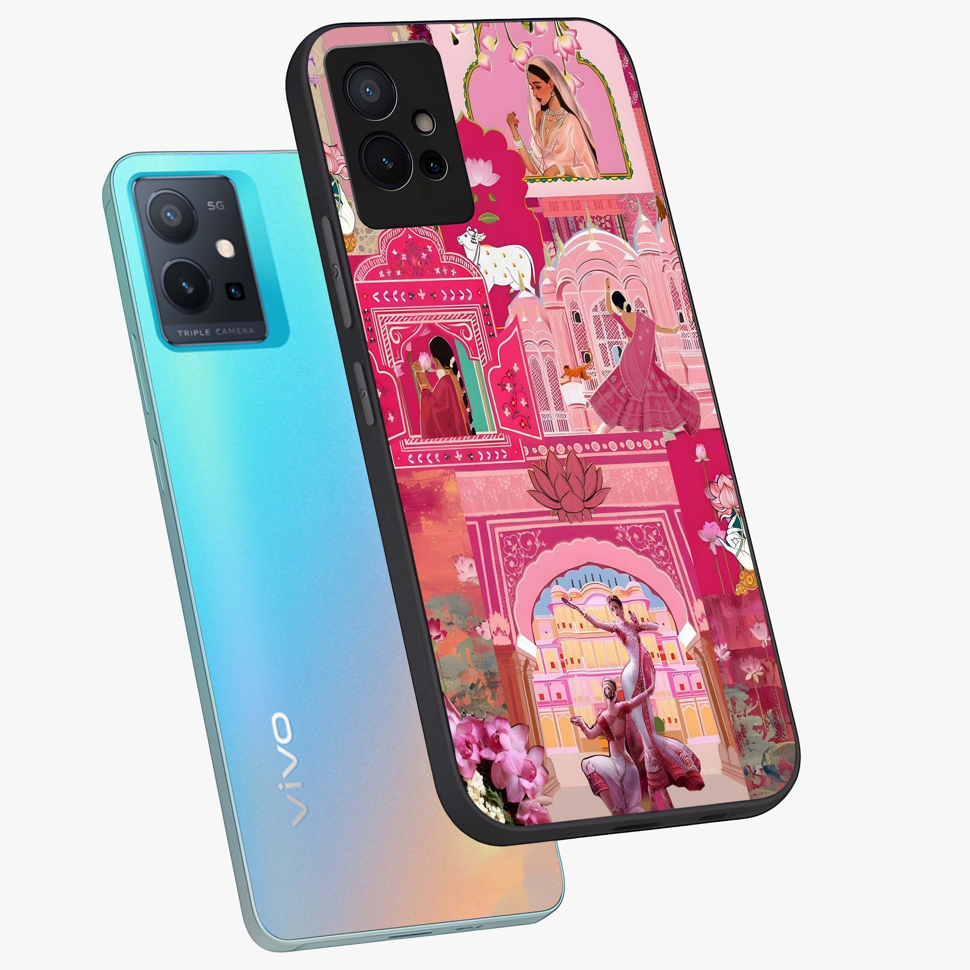 Pink Palace Muse Glass Case displayed in angled mockup highlighting dreamy palace illustration with soft pink aesthetic.