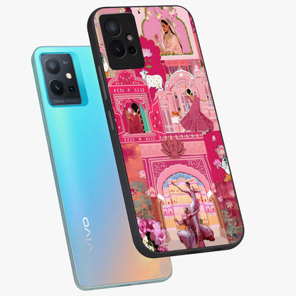 Pink Palace Muse Glass Case displayed in angled mockup highlighting dreamy palace illustration with soft pink aesthetic.