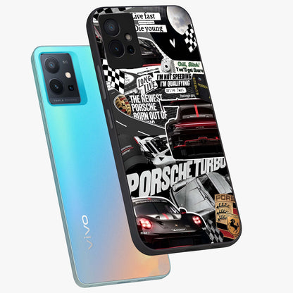 Porsche Racing Collage Glass Case displayed in angled mockup highlighting dynamic automotive design with bold racing aesthetic.
