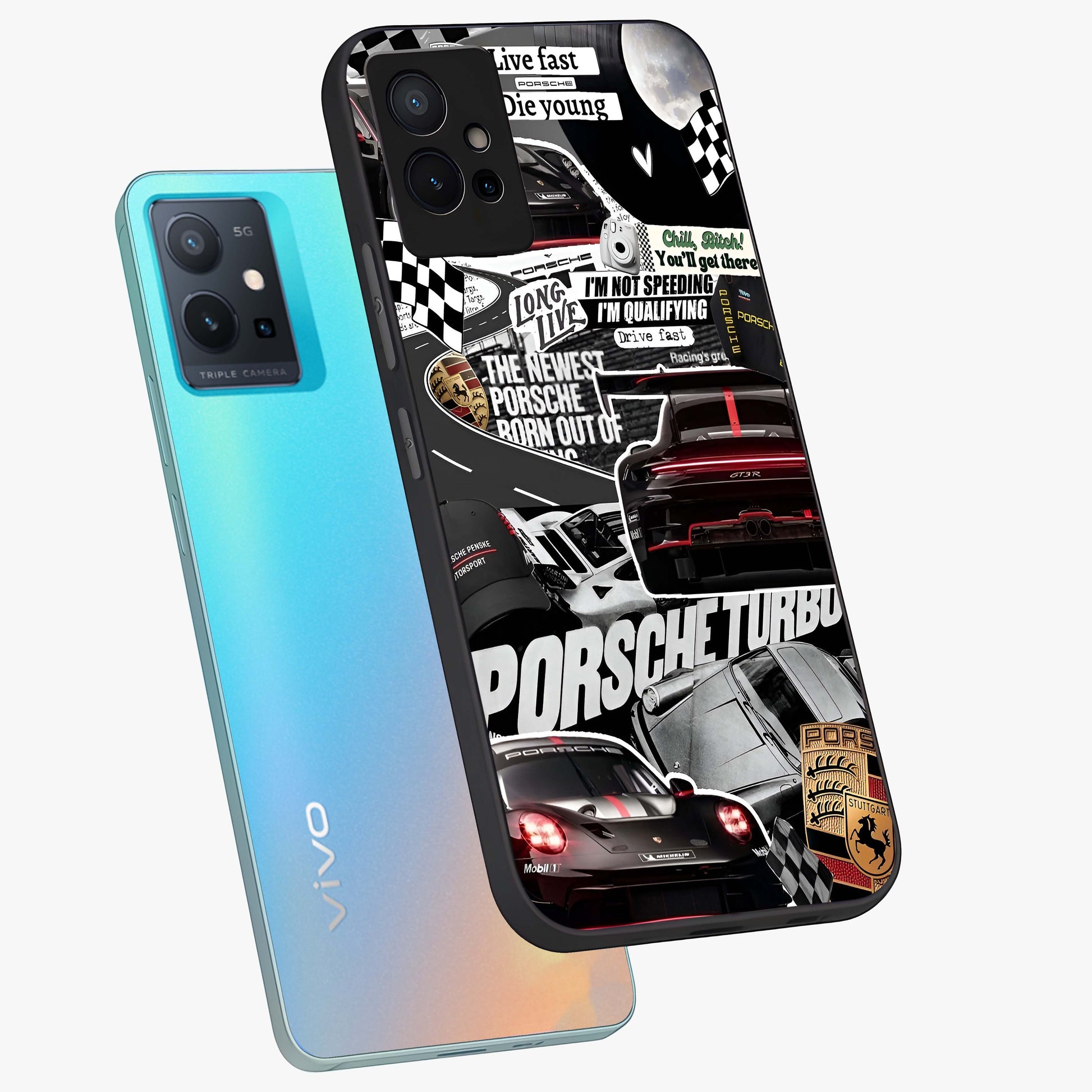 Porsche Racing Collage Glass Case displayed in angled mockup highlighting dynamic automotive design with bold racing aesthetic.