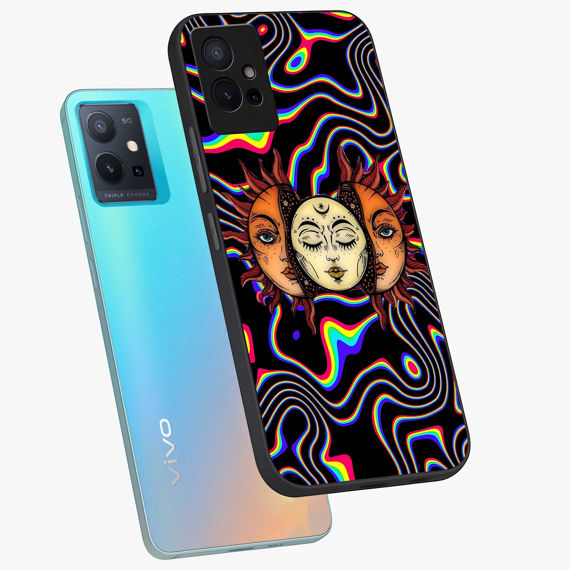 Psychedelic Sun Glass Case displayed in angled mockup highlighting vibrant abstract sun design with artistic aesthetic style.