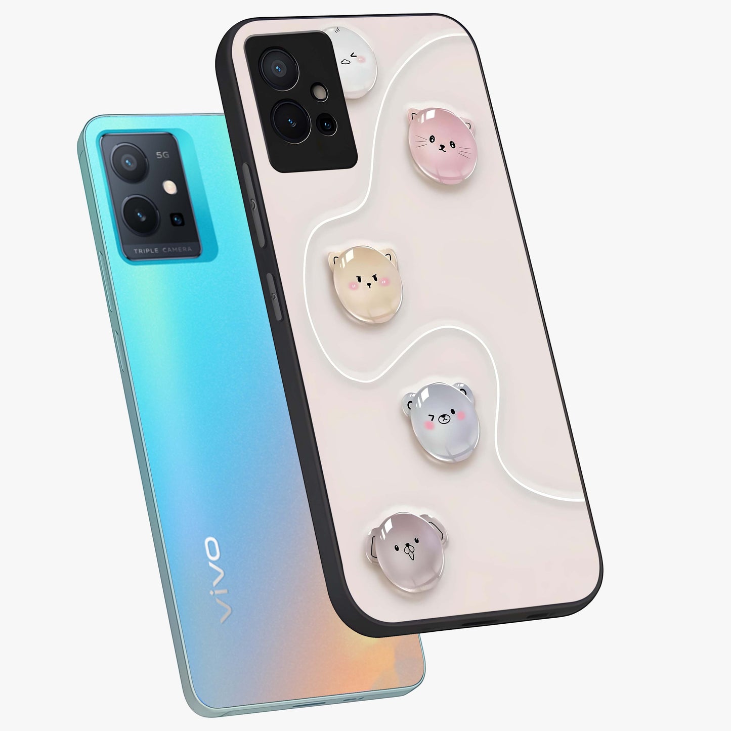 Puffy Face Parade Glass Case displayed in angled mockup highlighting playful cartoon face design with fun aesthetic.