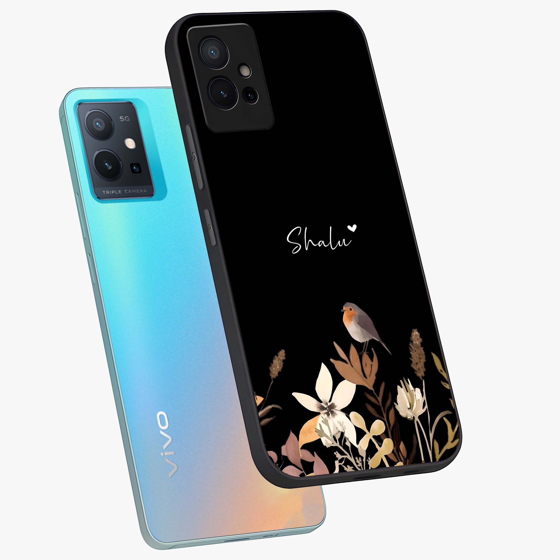 Quiet Garden Tune Custom Name Glass Case displayed in angled mockup highlighting delicate floral garden design with custom name feature.