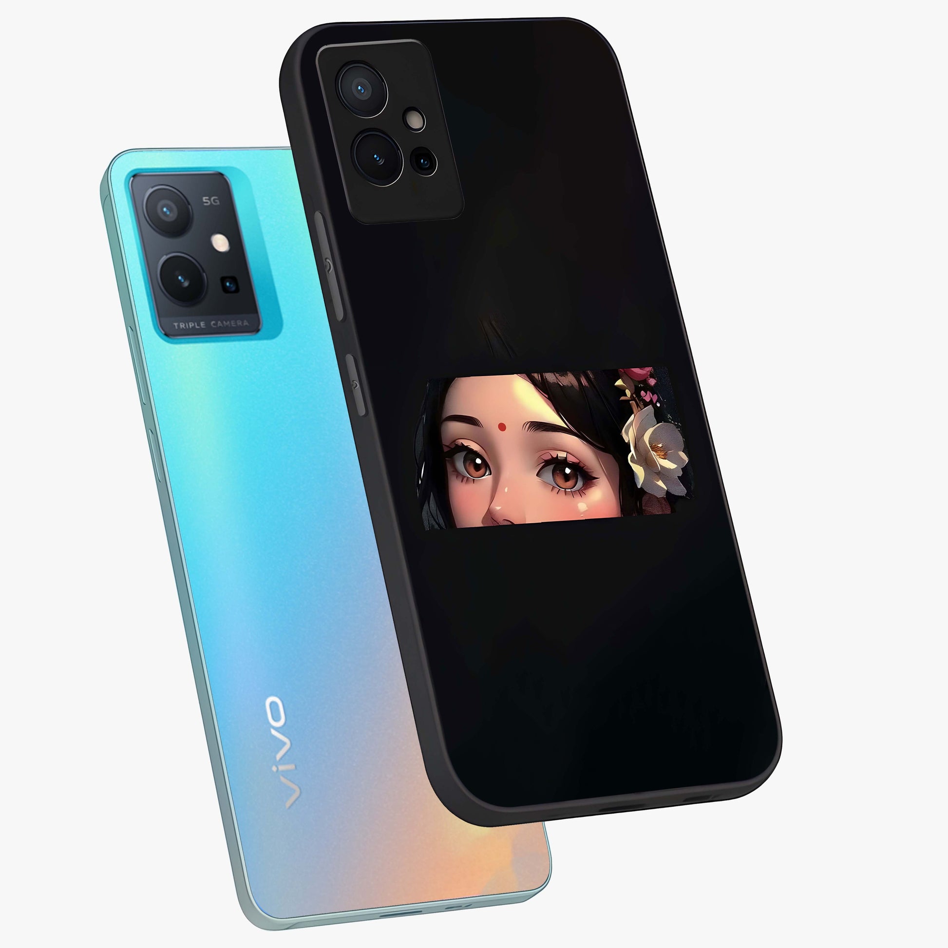 Radha Divine Embrace Glass Case displayed in angled mockup highlighting graceful spiritual illustration with divine aesthetic.