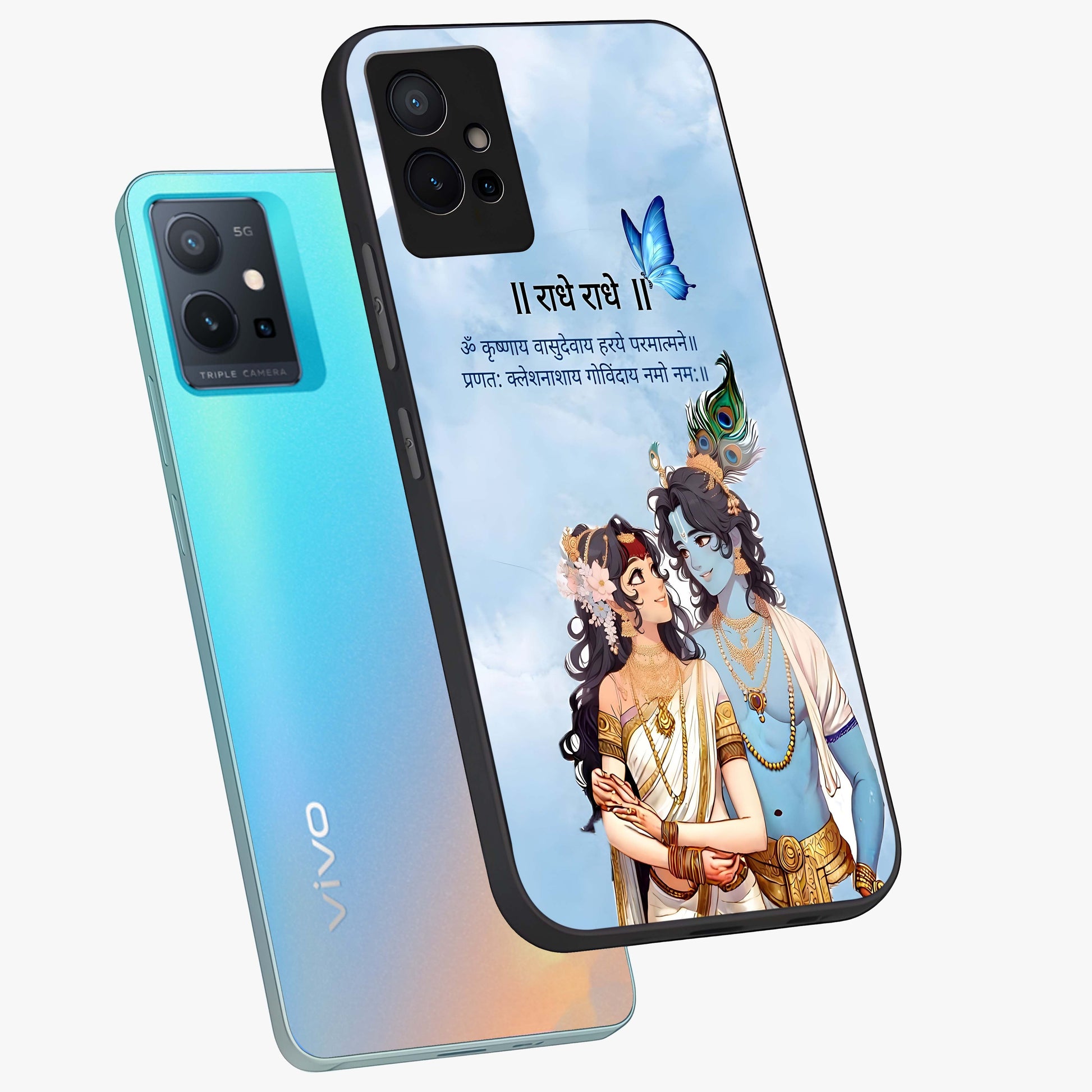 Radha Krishna Eternal Glass Case displayed in angled mockup highlighting divine Radha Krishna illustration with spiritual aesthetic.