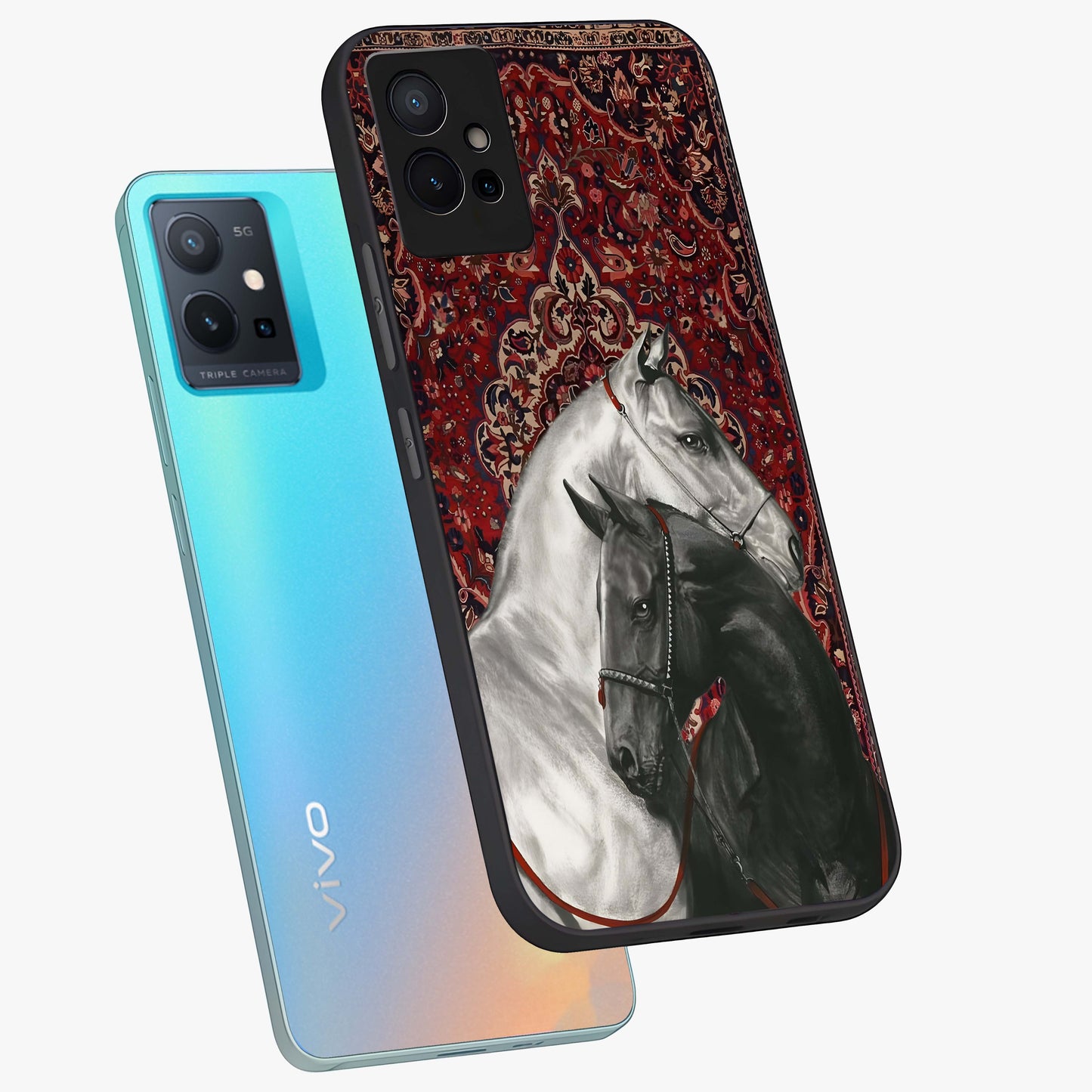 Regal Stallion Tapestry Glass Case displayed in angled mockup highlighting royal stallion design with decorative heritage aesthetic.