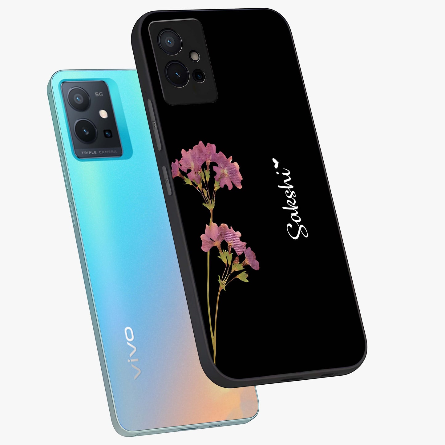 Riching Lavender Flower Custom Name Glass Case displayed in angled mockup highlighting delicate lavender flower design with custom name feature.