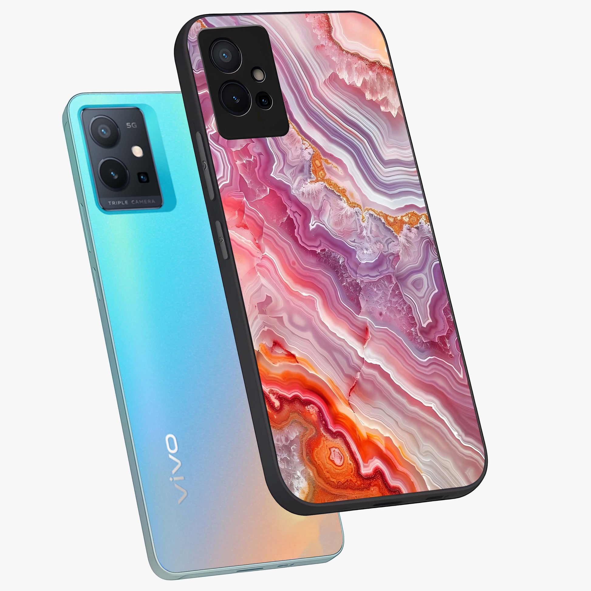 Rose Quartz Marble Glass Case displayed in angled mockup highlighting elegant marble pattern with soft aesthetic style.