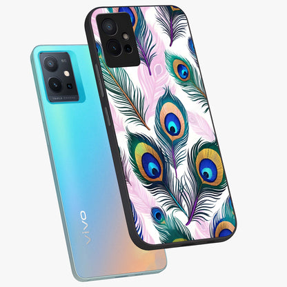 Royal Peacock Feathers Glass Case displayed in angled mockup highlighting vibrant feather pattern with regal aesthetic style.