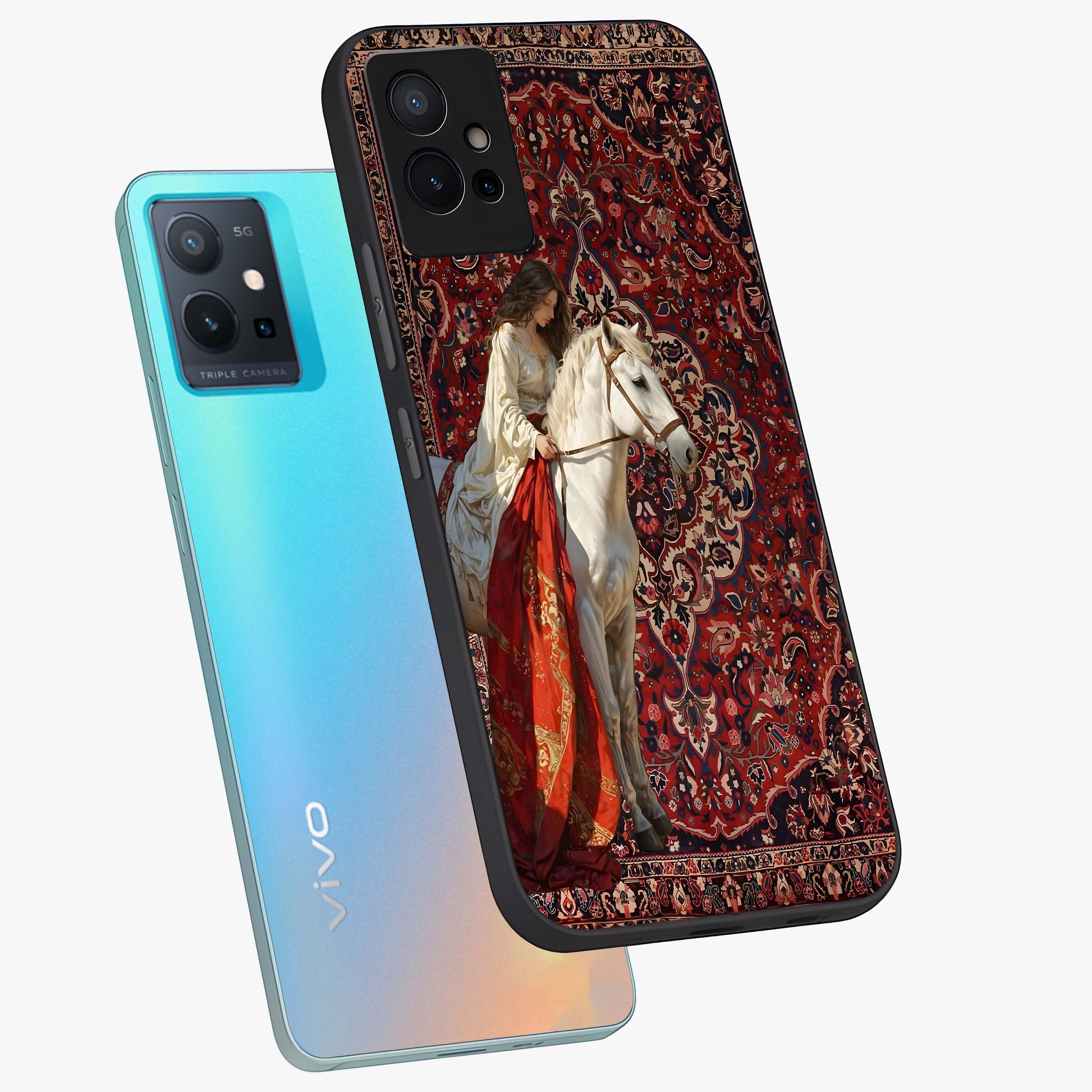 Royal Rider Tapestry Glass Case displayed in angled mockup highlighting traditional tapestry design with royal heritage aesthetic.