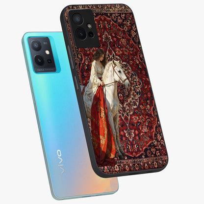 Royal Rider Tapestry Glass Case displayed in angled mockup highlighting traditional tapestry design with royal heritage aesthetic.