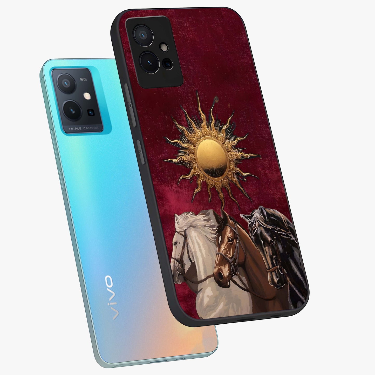 Solar Riders Glass Case displayed in angled mockup highlighting powerful rider illustration with radiant solar aesthetic.
