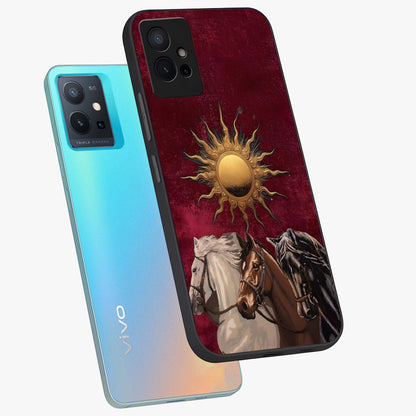 Solar Riders Glass Case displayed in angled mockup highlighting powerful rider illustration with radiant solar aesthetic.