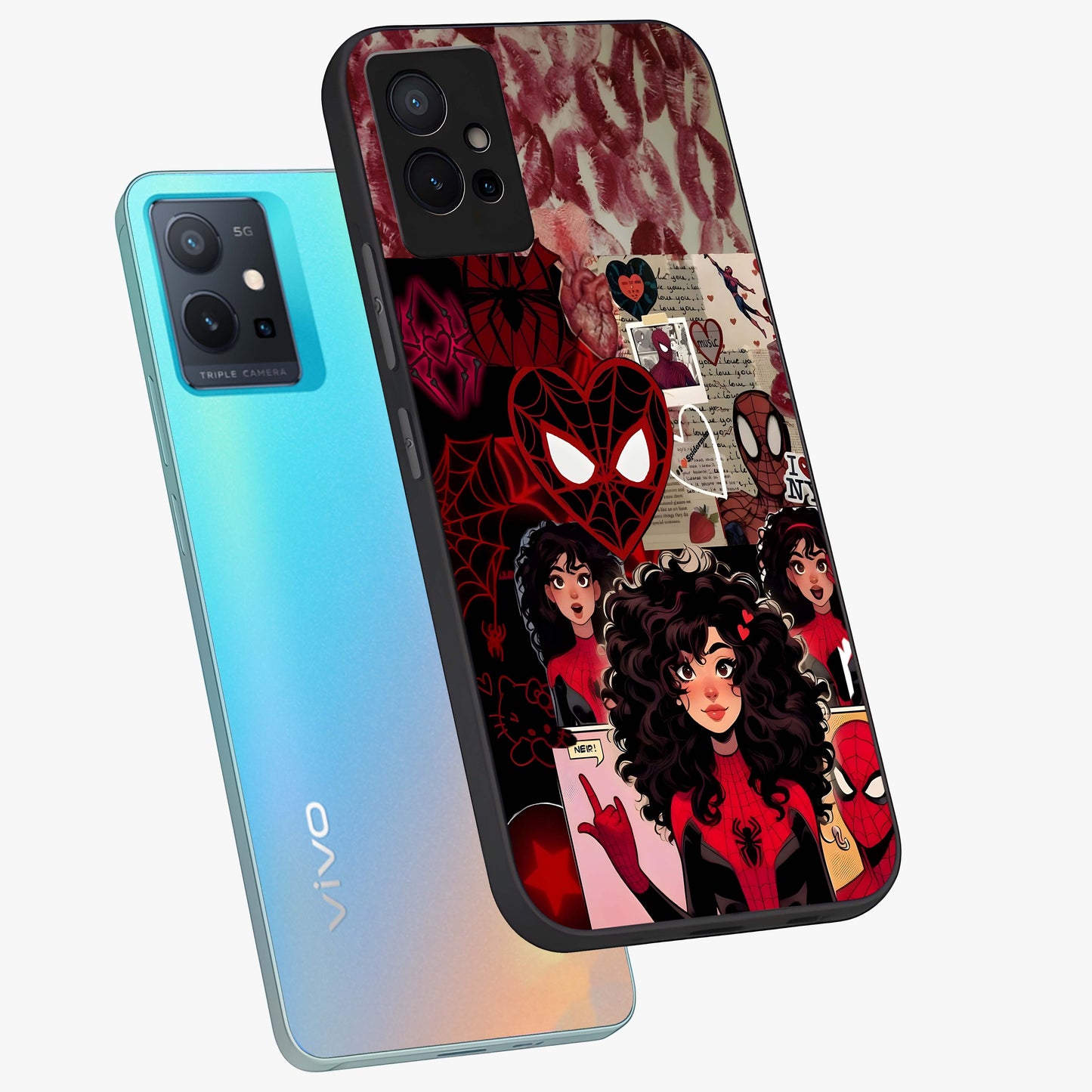 Spider Love Story Glass Case displayed in angled mockup highlighting expressive comic inspired design with playful aesthetic.