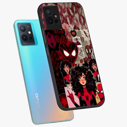 Spider Love Story Glass Case displayed in angled mockup highlighting expressive comic inspired design with playful aesthetic.