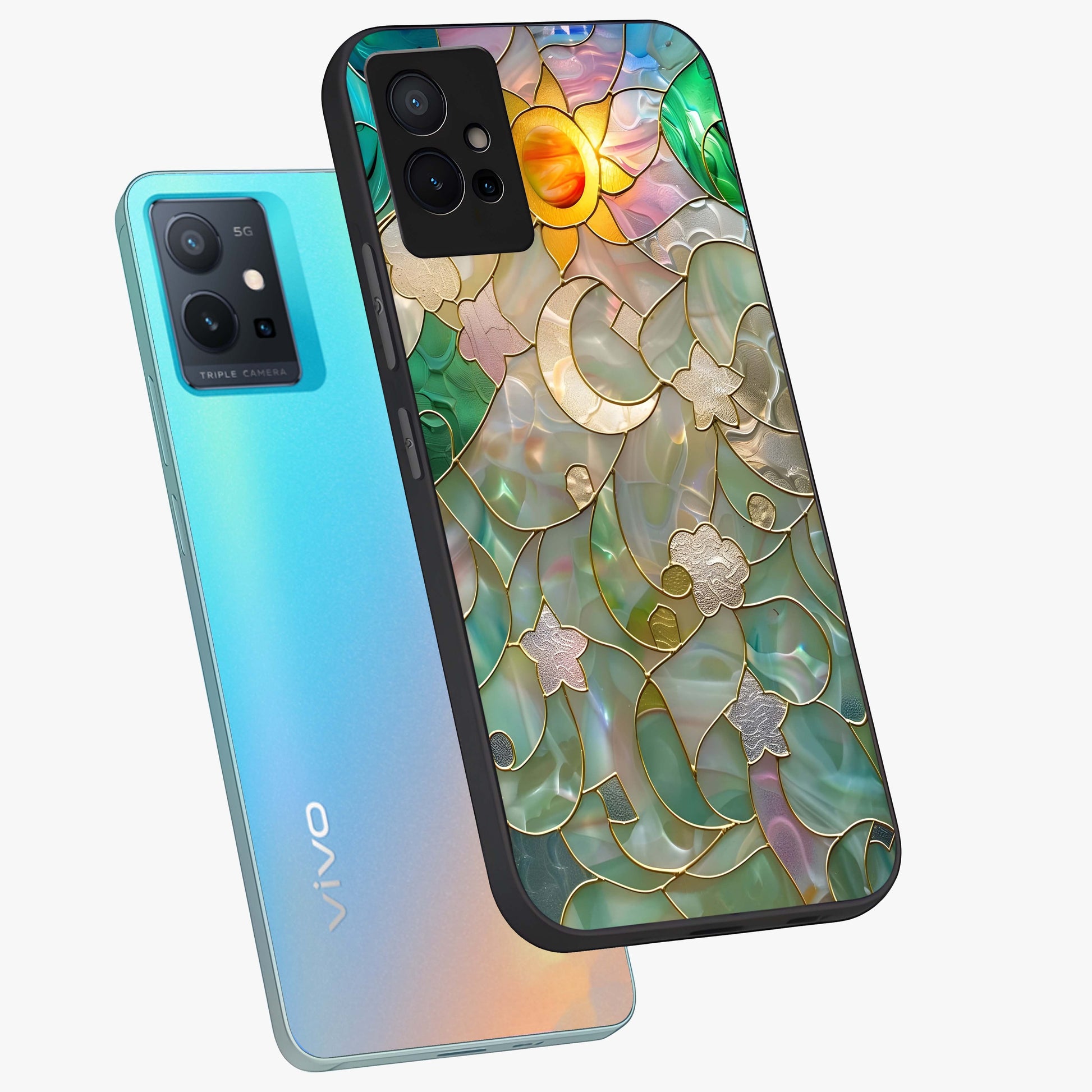 Stained Sunrise Glow Glass Case displayed in angled mockup highlighting radiant sunrise design with artistic aesthetic style.