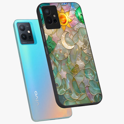 Stained Sunrise Glow Glass Case displayed in angled mockup highlighting radiant sunrise design with artistic aesthetic style.