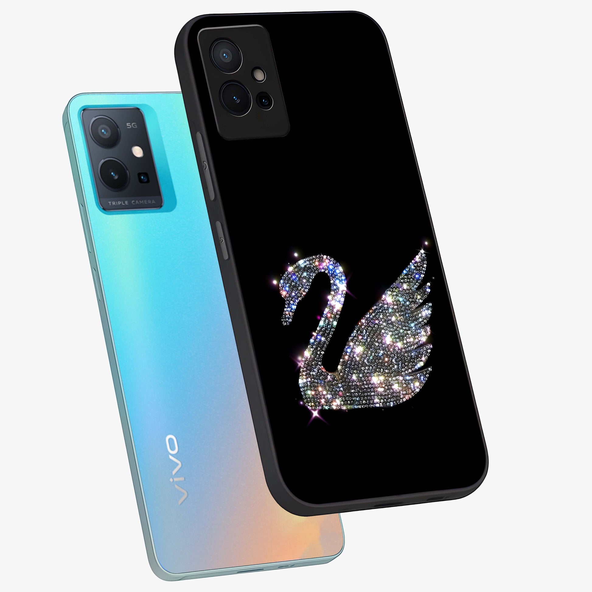 Starlit Swan Grace Glass Case displayed in angled mockup highlighting elegant swan illustration with dreamy celestial aesthetic.