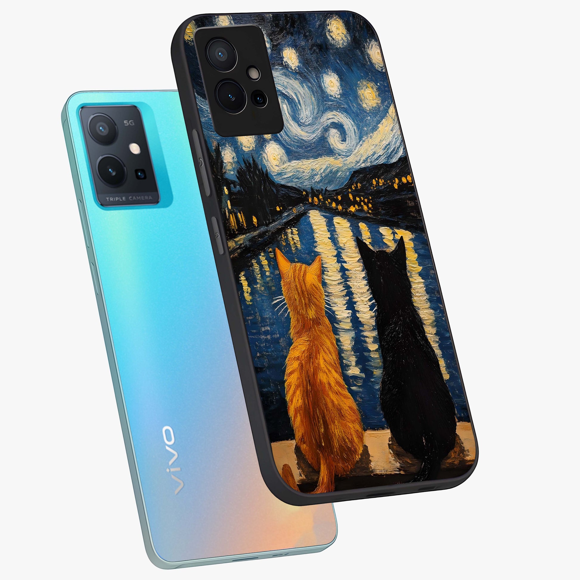 Starry River Cats Glass Case displayed in angled mockup highlighting charming feline illustration with dreamy night aesthetic.