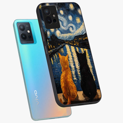 Starry River Cats Glass Case displayed in angled mockup highlighting charming feline illustration with dreamy night aesthetic.