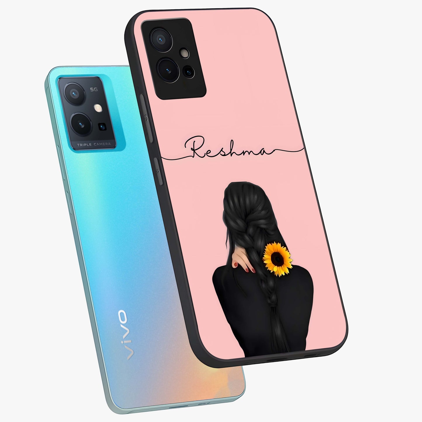 Sunflower Braid Beauty With Custom Name Glass Case displayed in angled mockup highlighting elegant sunflower design with custom name feature.