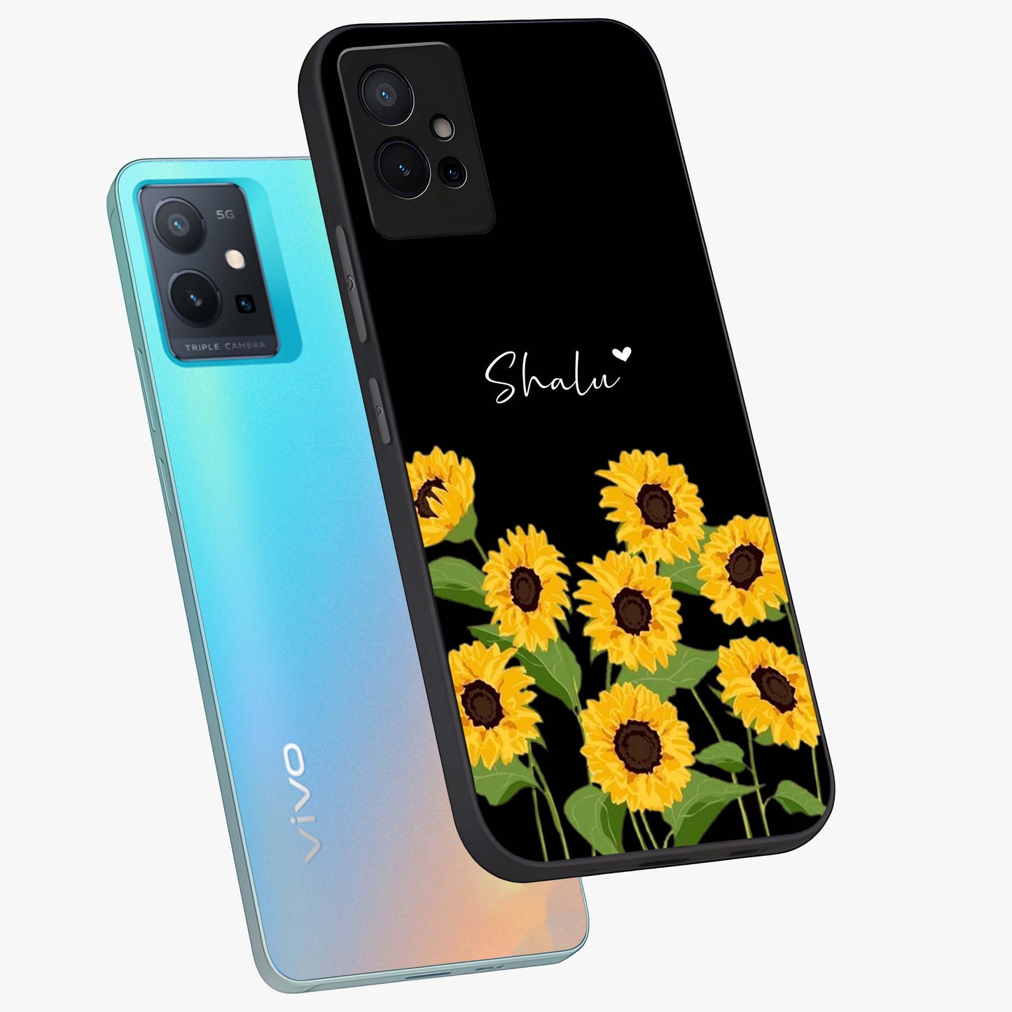 Sunflower Chic Mood Custom Name Glass Case displayed in angled mockup highlighting vibrant sunflower design with custom name feature.