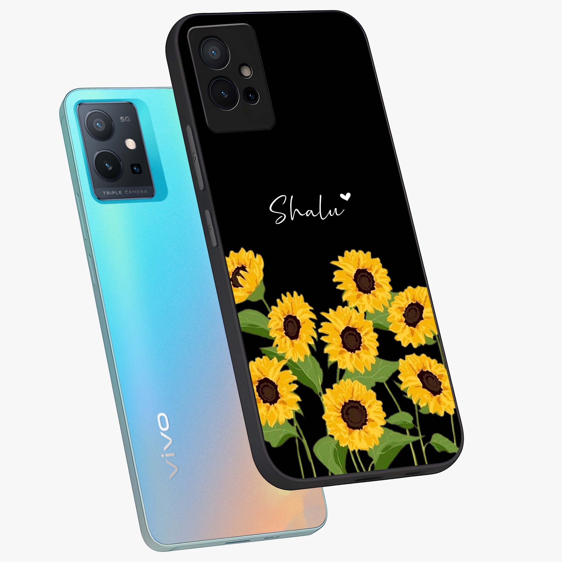 Sunflower Chic Mood Custom Name Glass Case displayed in angled mockup highlighting vibrant sunflower design with custom name feature.