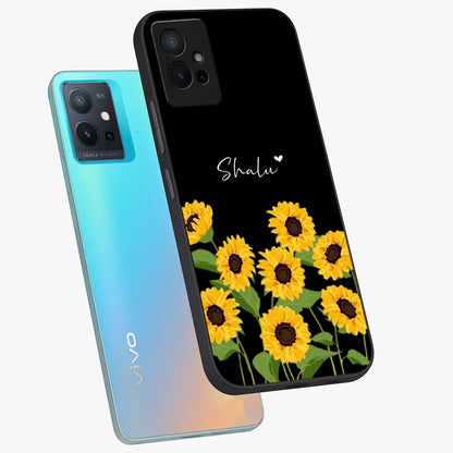 Sunflower Chic Mood Custom Name Glass Case displayed in angled mockup highlighting vibrant sunflower design with custom name feature.