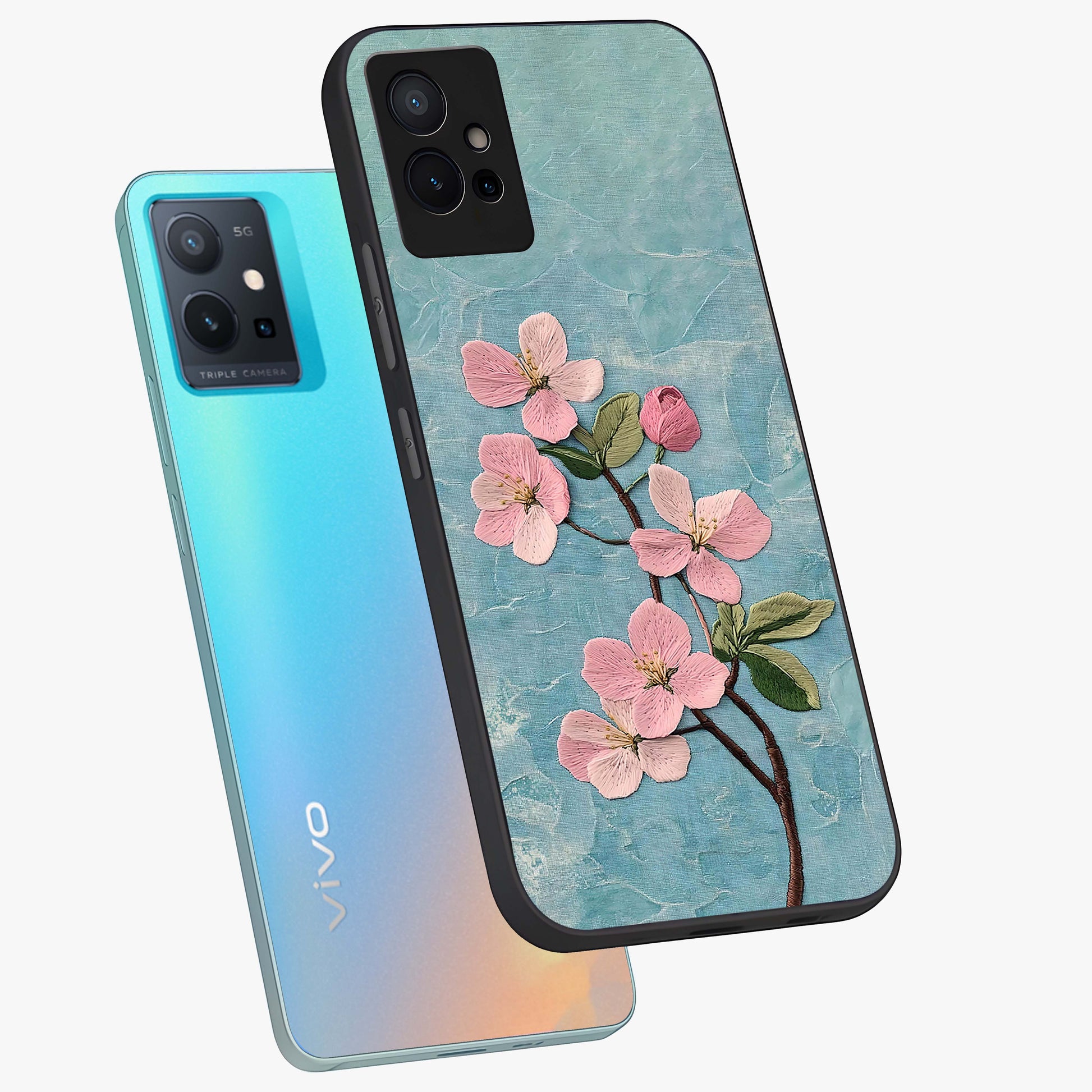 Threaded Blossom Breeze Glass Case displayed in angled mockup highlighting elegant floral design with soft aesthetic style.