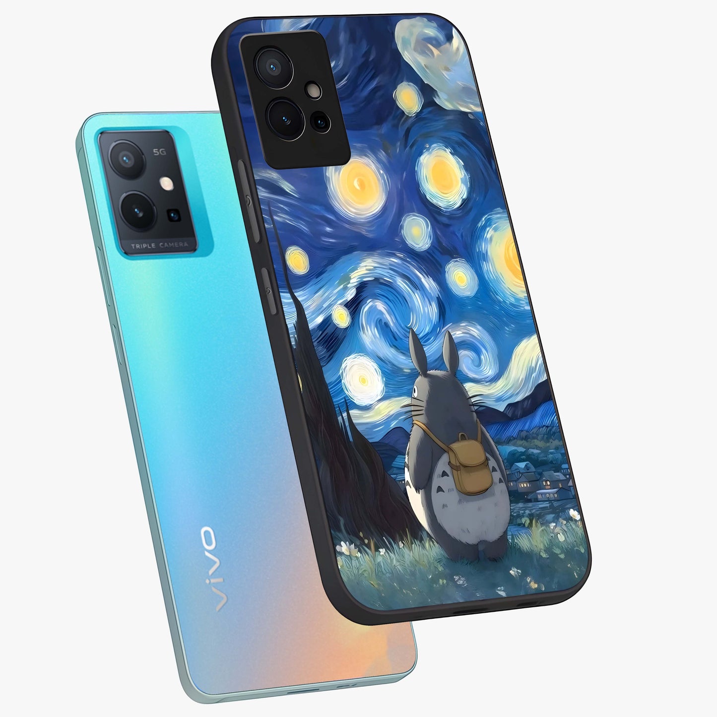 Totoro In Van Gogh Art Glass Case displayed in angled mockup highlighting artistic swirling sky design with playful animation aesthetic.