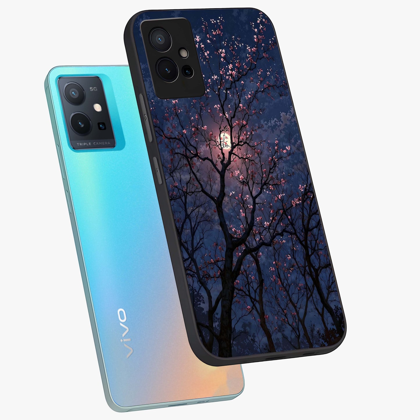 Twilight Sakura Serenade Glass Case displayed in angled mockup highlighting delicate sakura flower design with dreamy aesthetic.