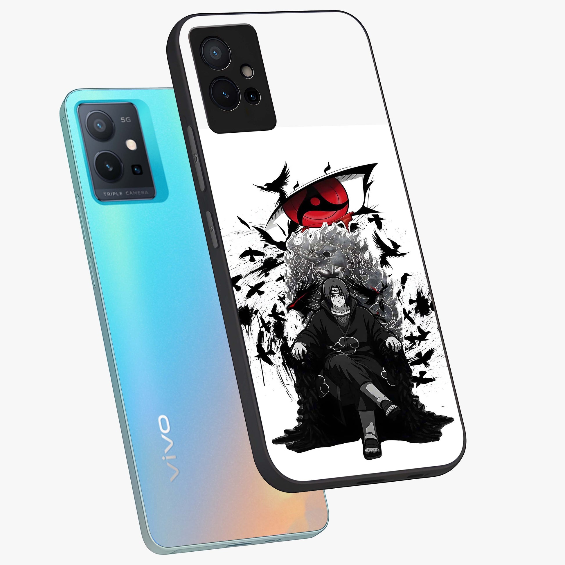Uchiha Shadow Throne Glass Case displayed in angled mockup highlighting glowing aquatic design with celestial aesthetic.