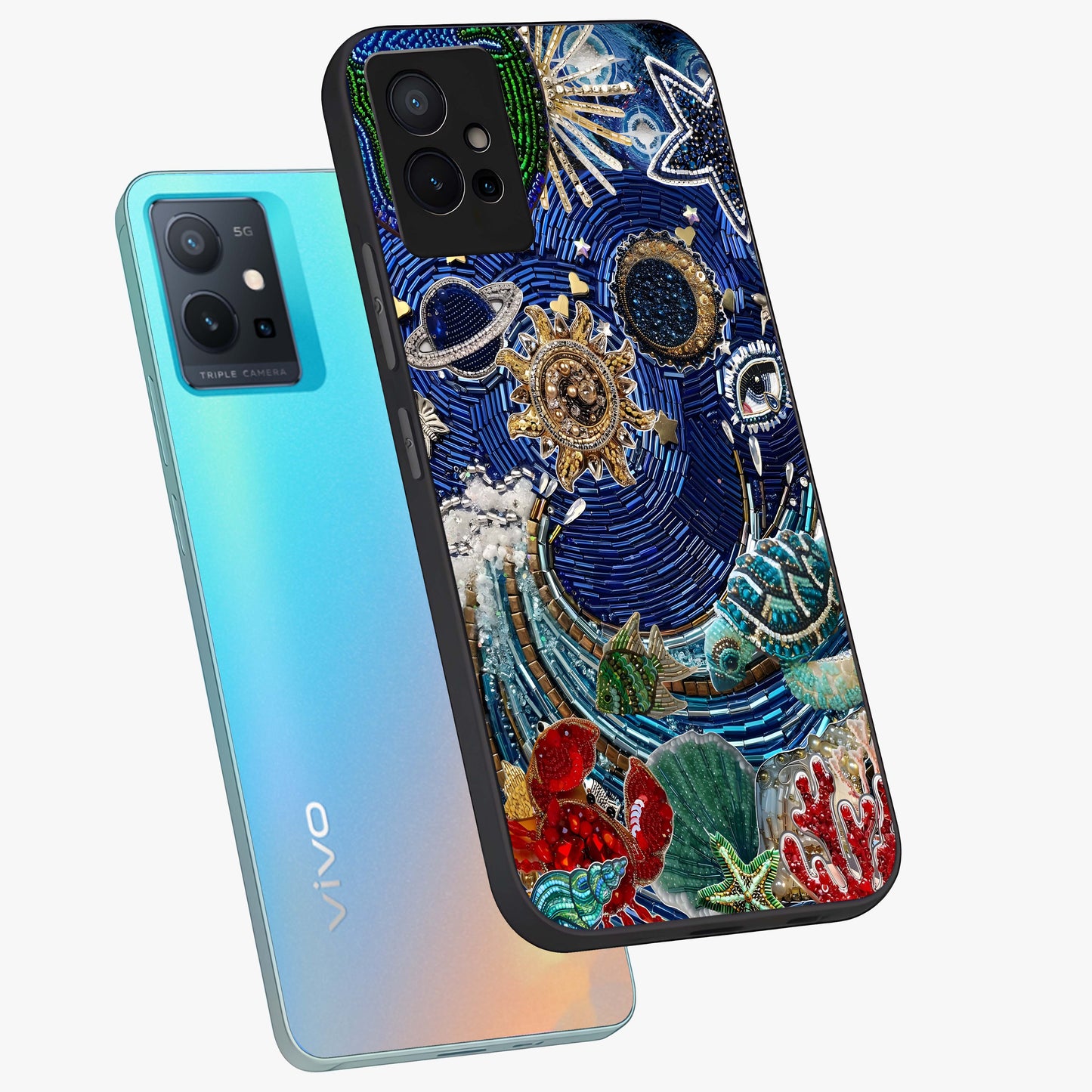 Universe Underwater Spark Glass Case displayed in angled mockup highlighting glowing aquatic design with celestial aesthetic.