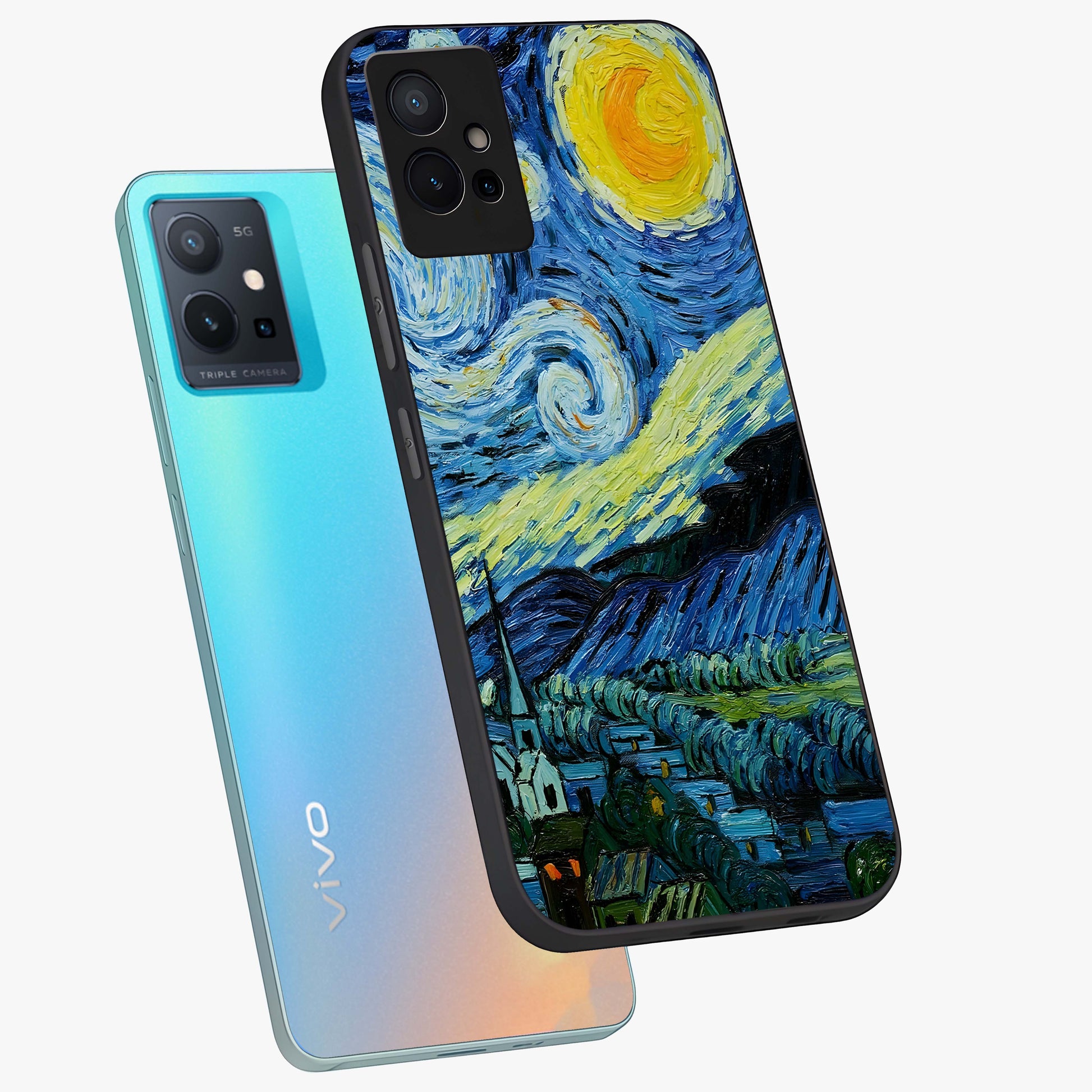 Van Gogh Art Glass Case displayed in angled mockup highlighting swirling brushstroke design with artistic aesthetic.
