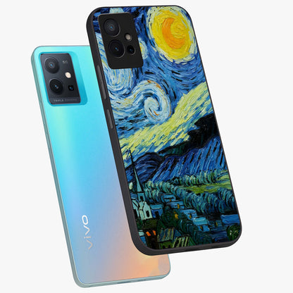 Van Gogh Art Glass Case displayed in angled mockup highlighting swirling brushstroke design with artistic aesthetic.