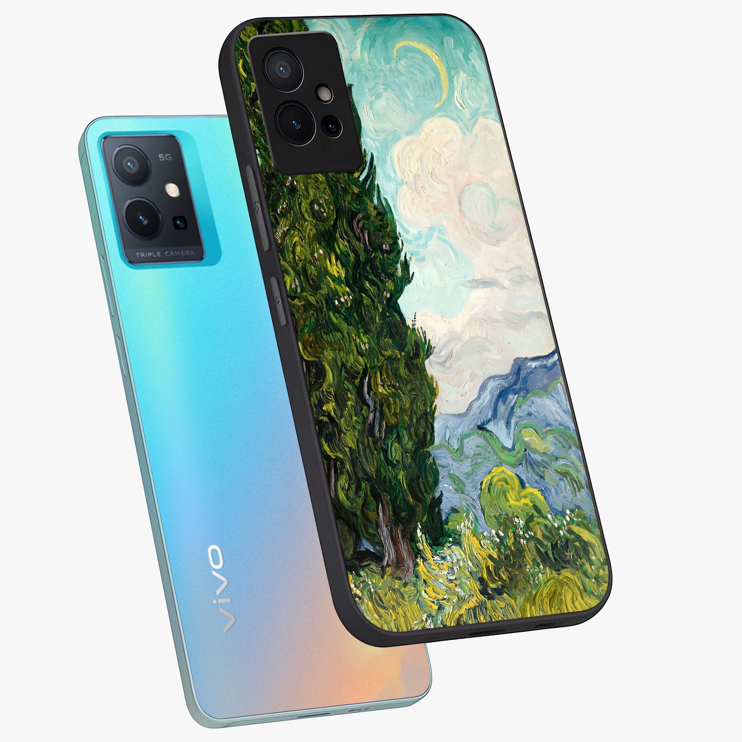 Van Gogh Vintage Art Glass Case displayed in angled mockup highlighting textured brushstroke design with classic aesthetic.