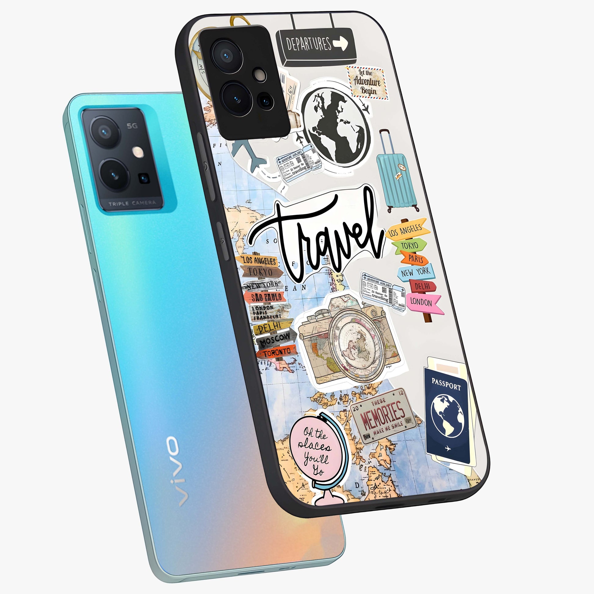 Wanderlust Journal Glass Case displayed in angled mockup highlighting adventure themed design with aesthetic travel vibe.