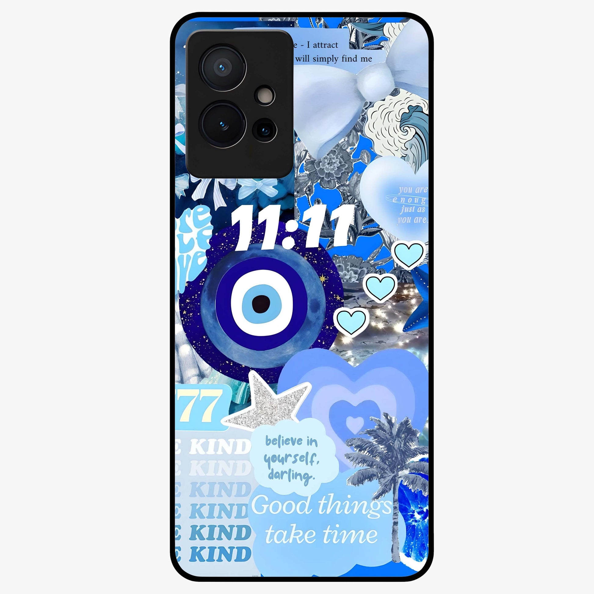 Aesthetic Be Kind Eye Glass Case showing flat back view with motivational eye artwork and glossy glass finish.