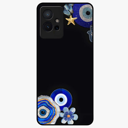 Aesthetic Blue Evil Eye Glass Case showing flat back view with protective evil eye artwork and glossy glass finish.