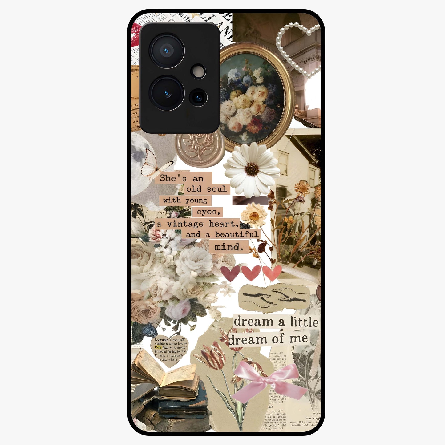Aesthetic Brown Vintage Collage Glass Case showing flat back view with retro collage artwork and glossy glass finish.