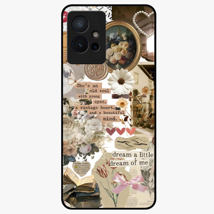 Aesthetic Brown Vintage Collage Glass Case showing flat back view with retro collage artwork and glossy glass finish.